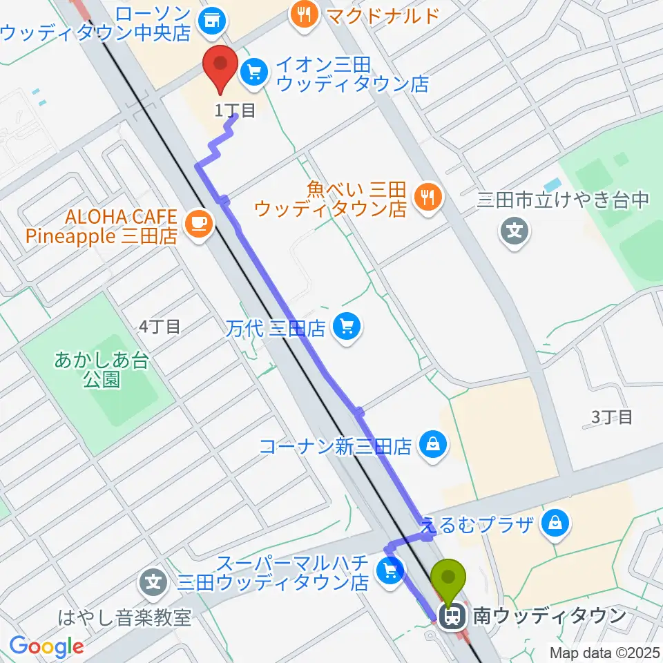 南ウッディタウン駅からイオンシネマ三田ウッディタウンへのルートマップ地図