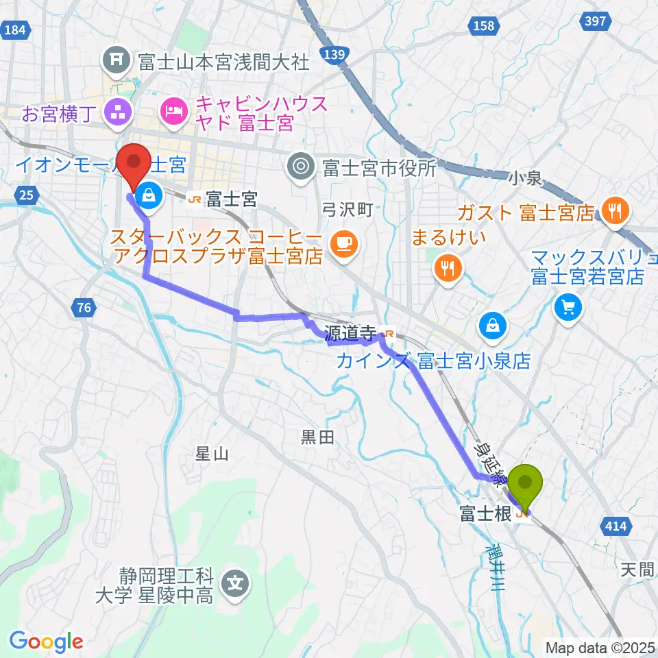 富士根駅からイオンシネマ富士宮へのルートマップ地図