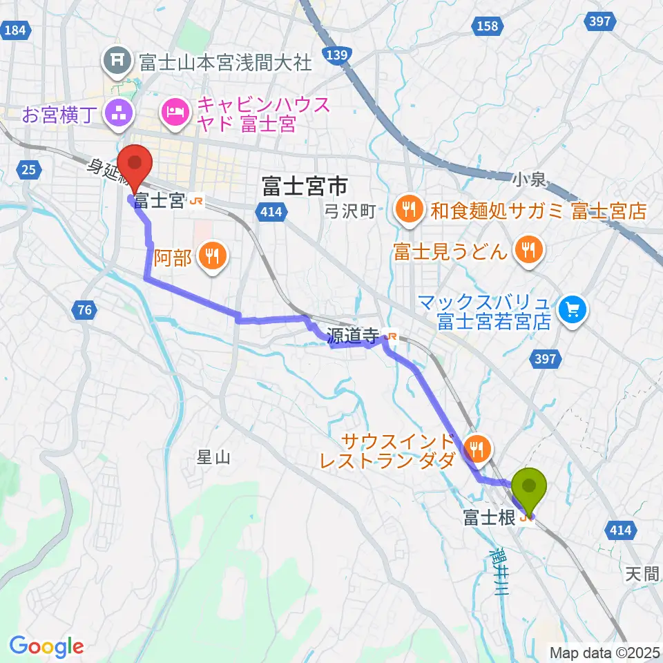 富士根駅からイオンシネマ富士宮へのルートマップ地図
