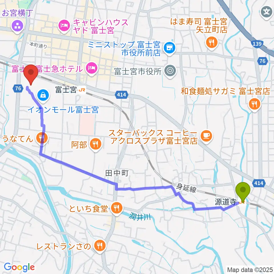 源道寺駅からイオンシネマ富士宮へのルートマップ地図