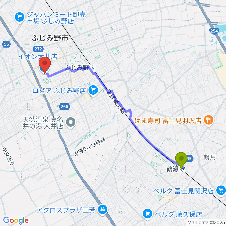 鶴瀬駅からイオンシネマ大井へのルートマップ地図