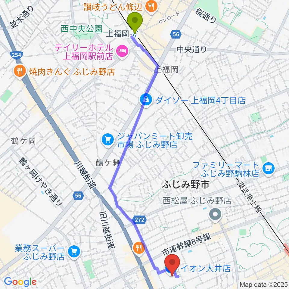 上福岡駅からイオンシネマ大井へのルートマップ地図
