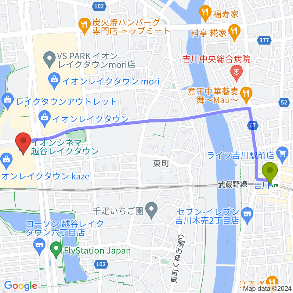 吉川駅からイオンシネマ越谷レイクタウンへのルートマップ地図