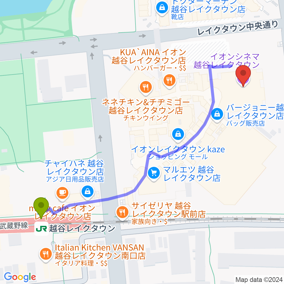 イオンシネマ越谷レイクタウンの最寄駅越谷レイクタウン駅からの徒歩ルート 約5分 Mdata