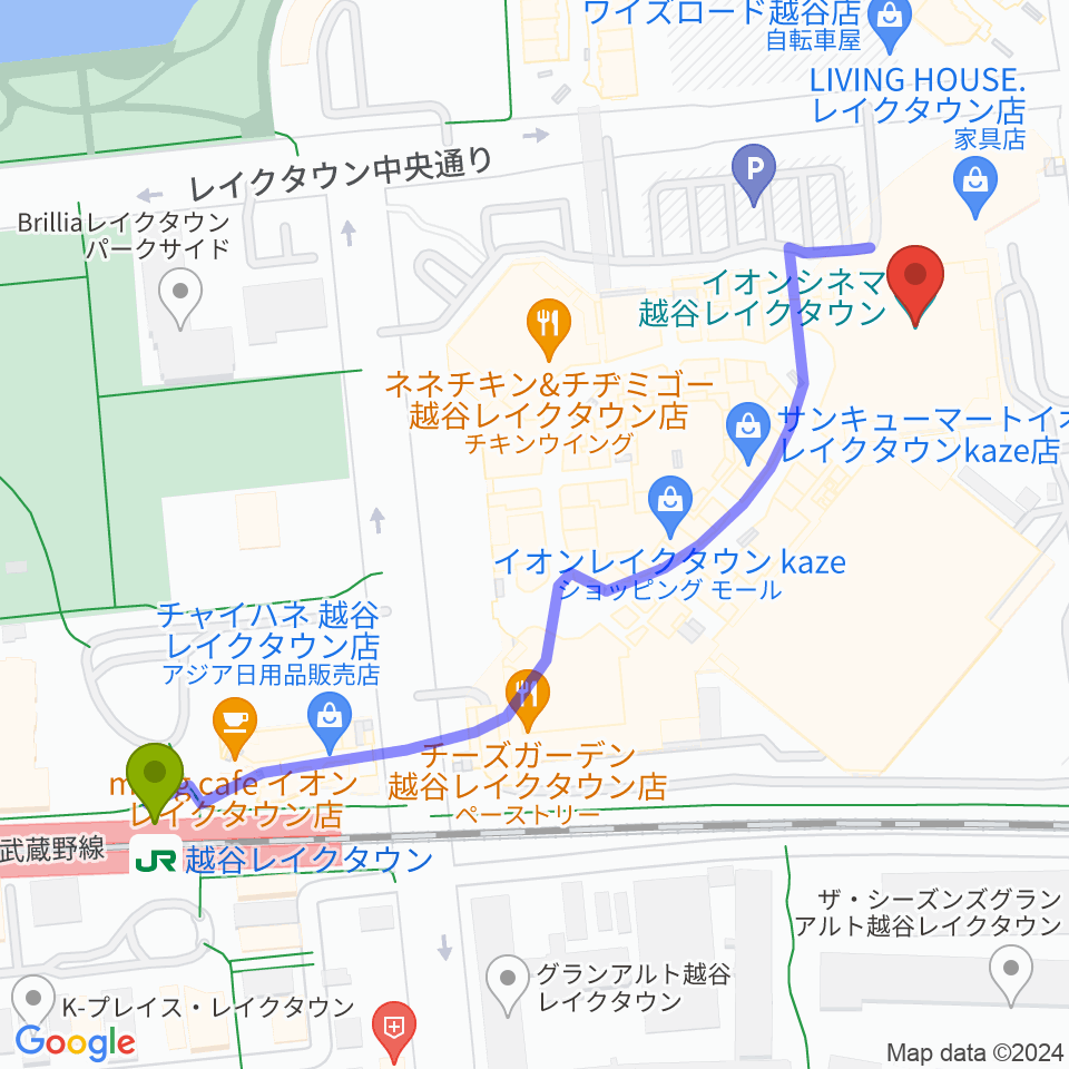 イオンシネマ越谷レイクタウンの最寄駅越谷レイクタウン駅からの徒歩ルート（約7分）地図