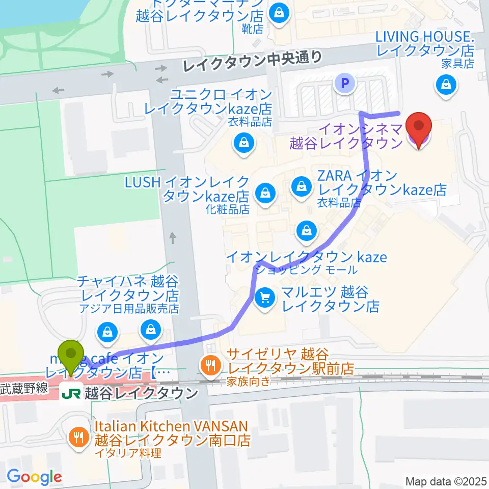 イオンシネマ越谷レイクタウンの最寄駅越谷レイクタウン駅からの徒歩ルート（約7分）地図