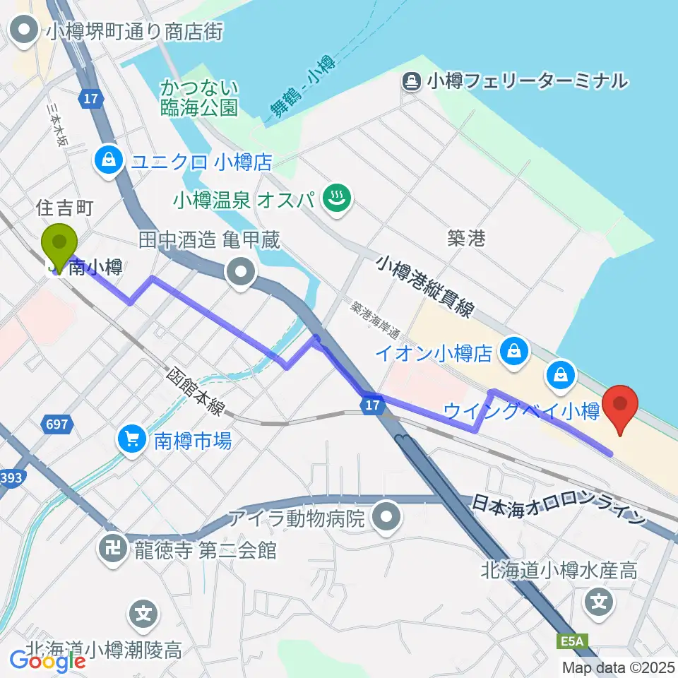 南小樽駅からイオンシネマ小樽へのルートマップ地図