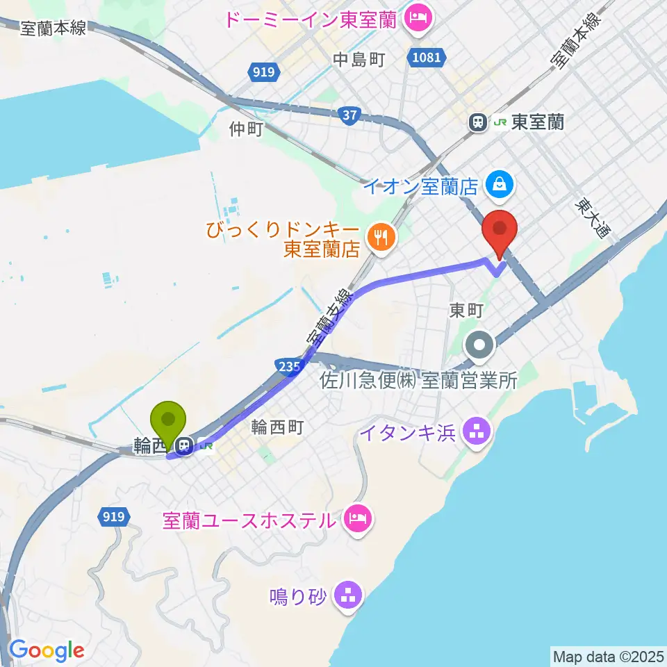 輪西駅からディノスシネマズ室蘭へのルートマップ地図