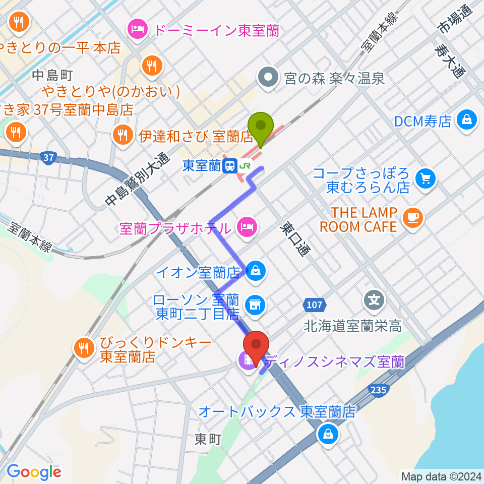 ディノスシネマズ室蘭の最寄駅東室蘭駅からの徒歩ルート（約13分）地図