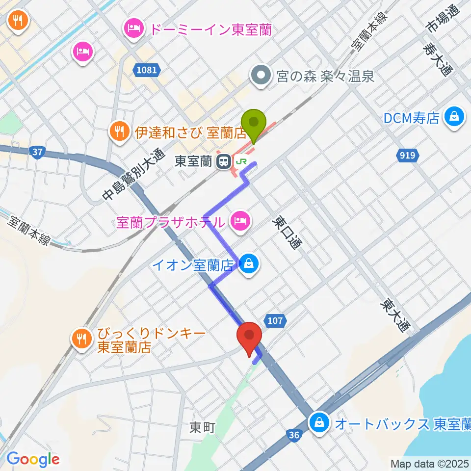 ディノスシネマズ室蘭の最寄駅東室蘭駅からの徒歩ルート（約13分）地図