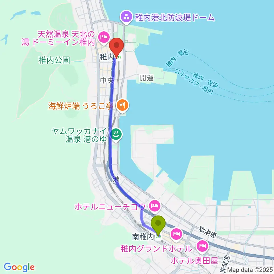 南稚内駅からT・ジョイ稚内へのルートマップ地図