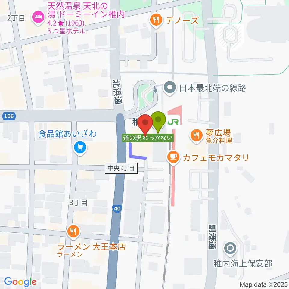 T・ジョイ稚内の最寄駅稚内駅からの徒歩ルート（約0分）地図
