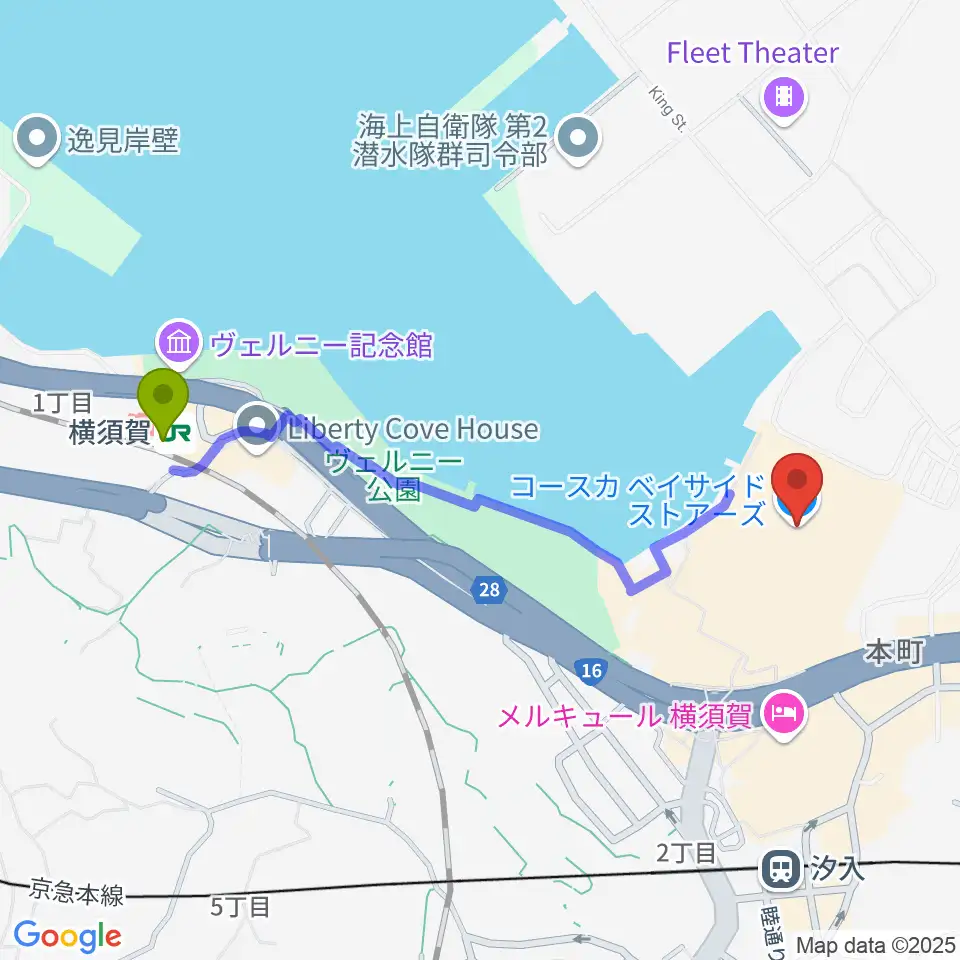横須賀駅から横須賀HUMAXシネマズへのルートマップ地図