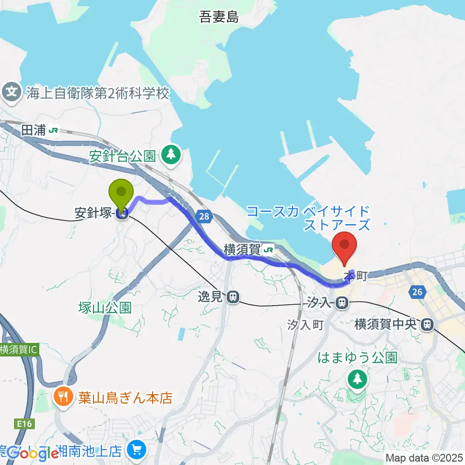 安針塚駅から横須賀HUMAXシネマズへのルートマップ地図