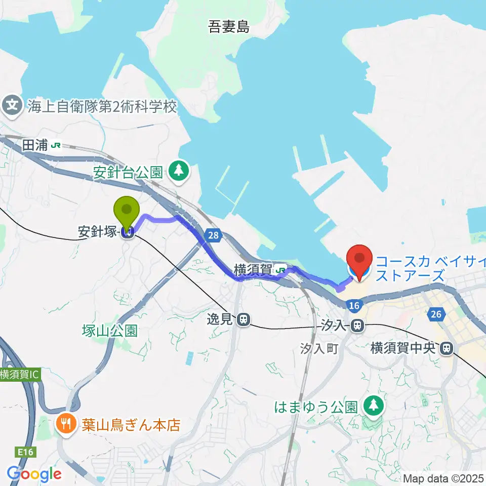 安針塚駅から横須賀HUMAXシネマズへのルートマップ地図