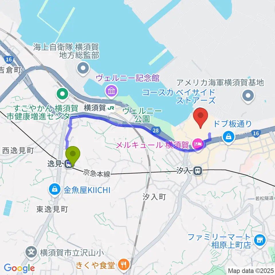 逸見駅から横須賀HUMAXシネマズへのルートマップ地図
