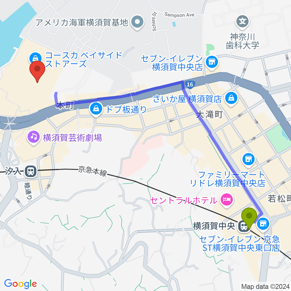 横須賀中央駅から横須賀HUMAXシネマズへのルートマップ地図