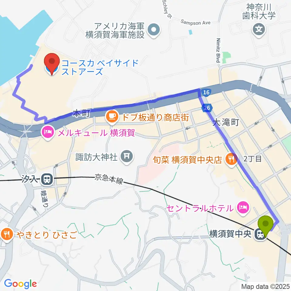横須賀中央駅から横須賀HUMAXシネマズへのルートマップ地図