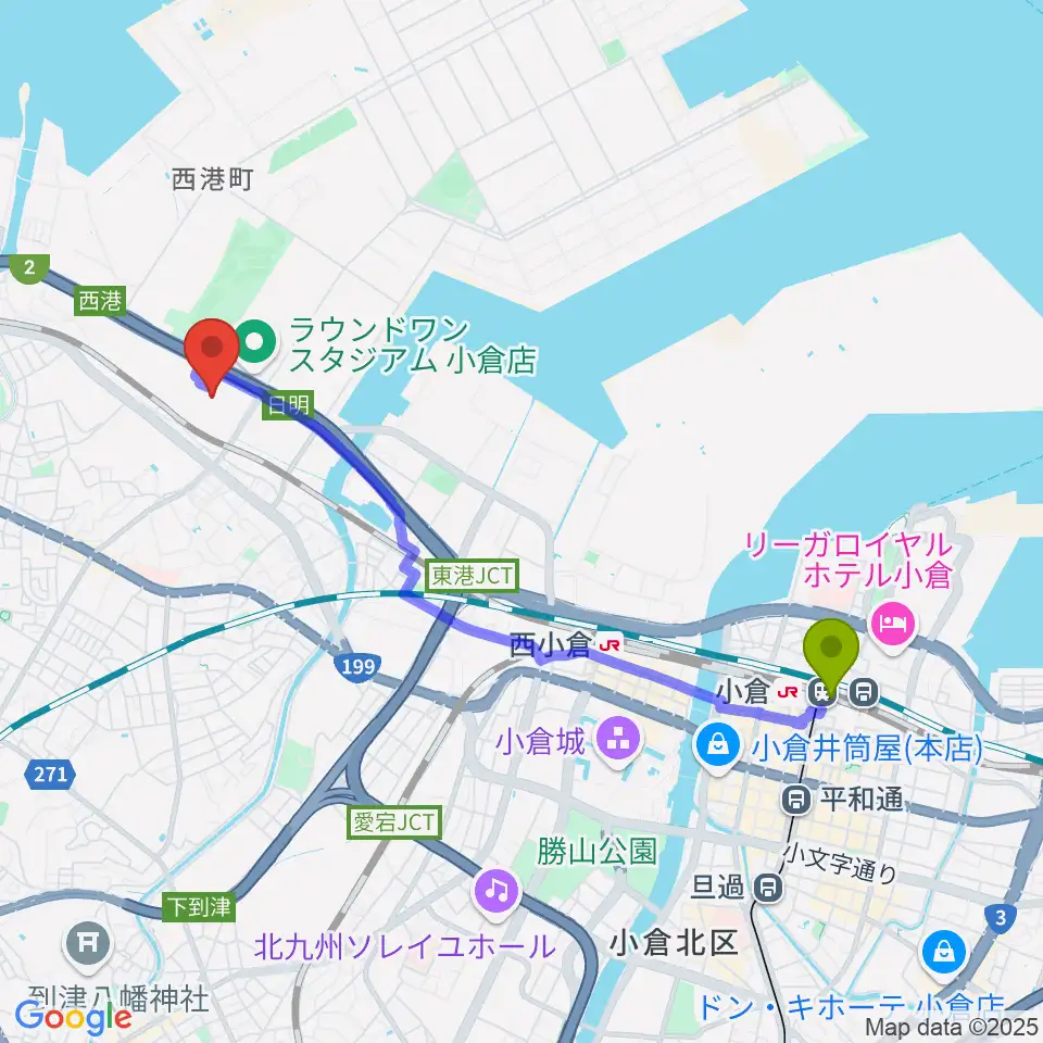 小倉駅からシネマワールド小倉へのルートマップ地図