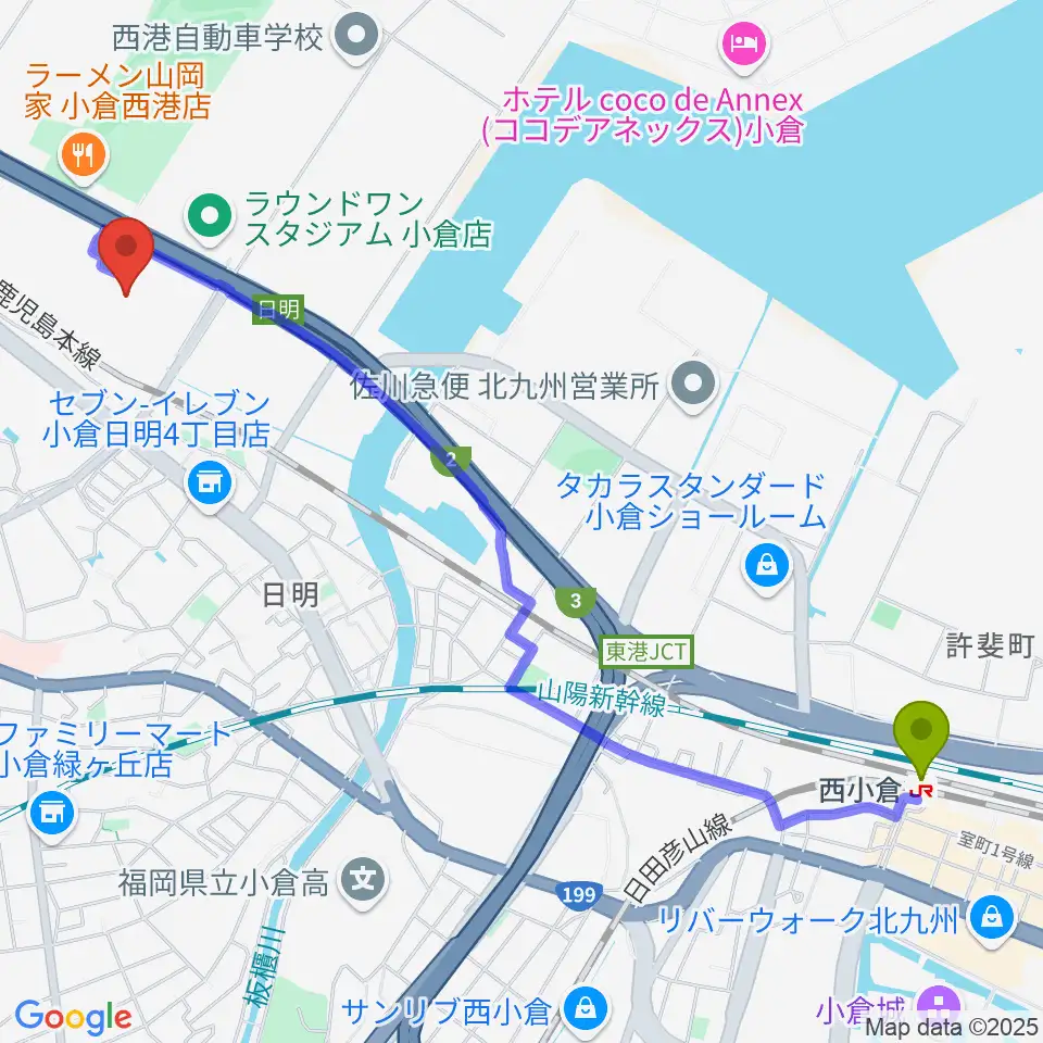 シネマワールド小倉の最寄駅西小倉駅からの徒歩ルート（約28分）地図