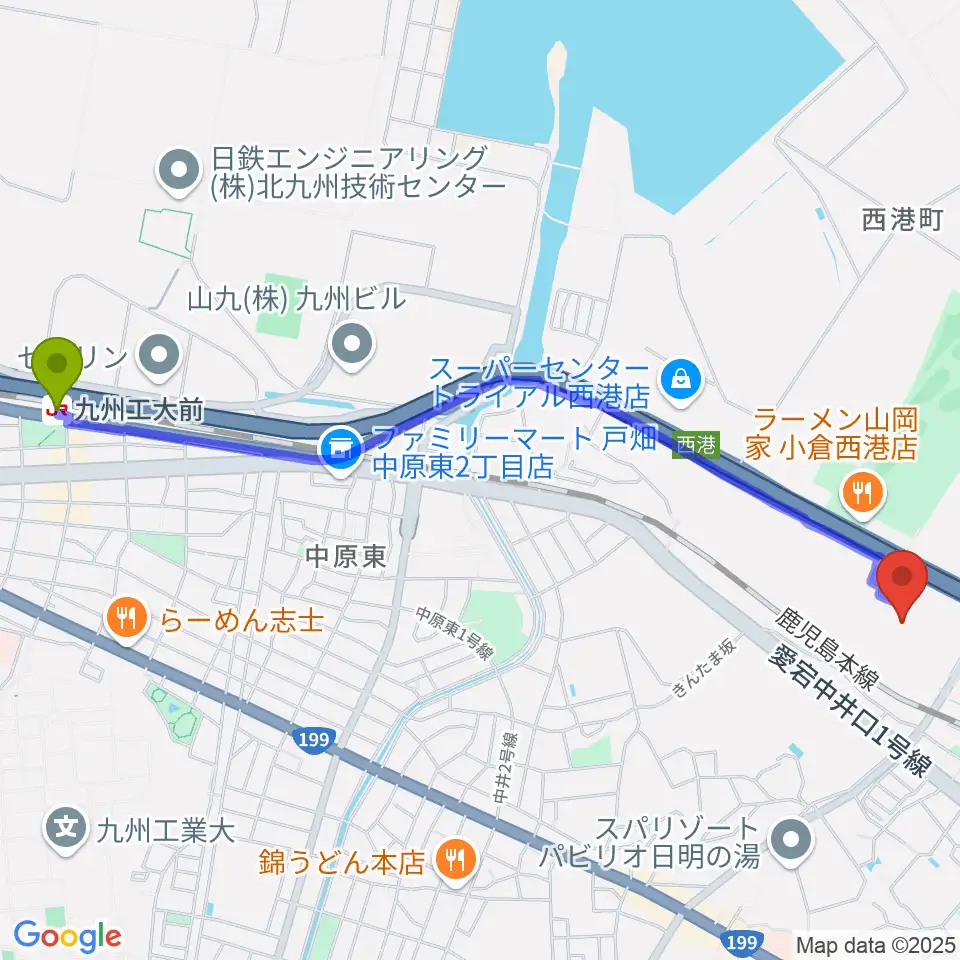 九州工大前駅からシネマワールド小倉へのルートマップ地図