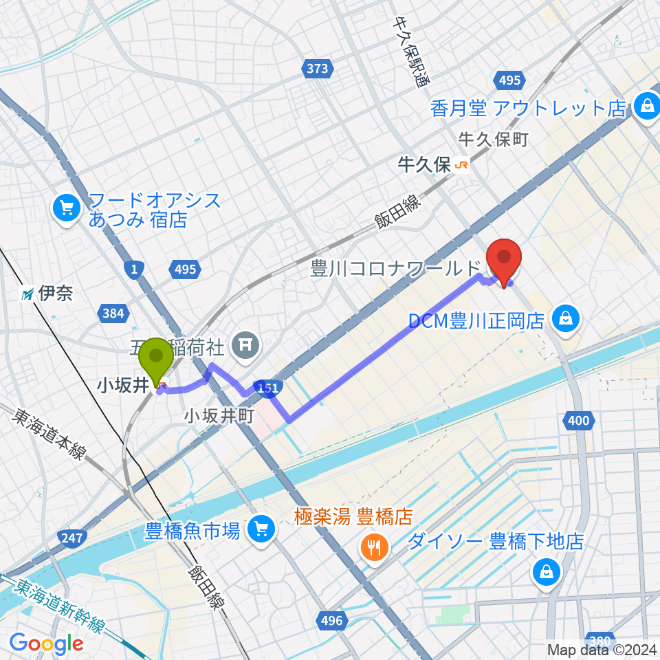 小坂井駅からシネマワールド豊川へのルートマップ地図