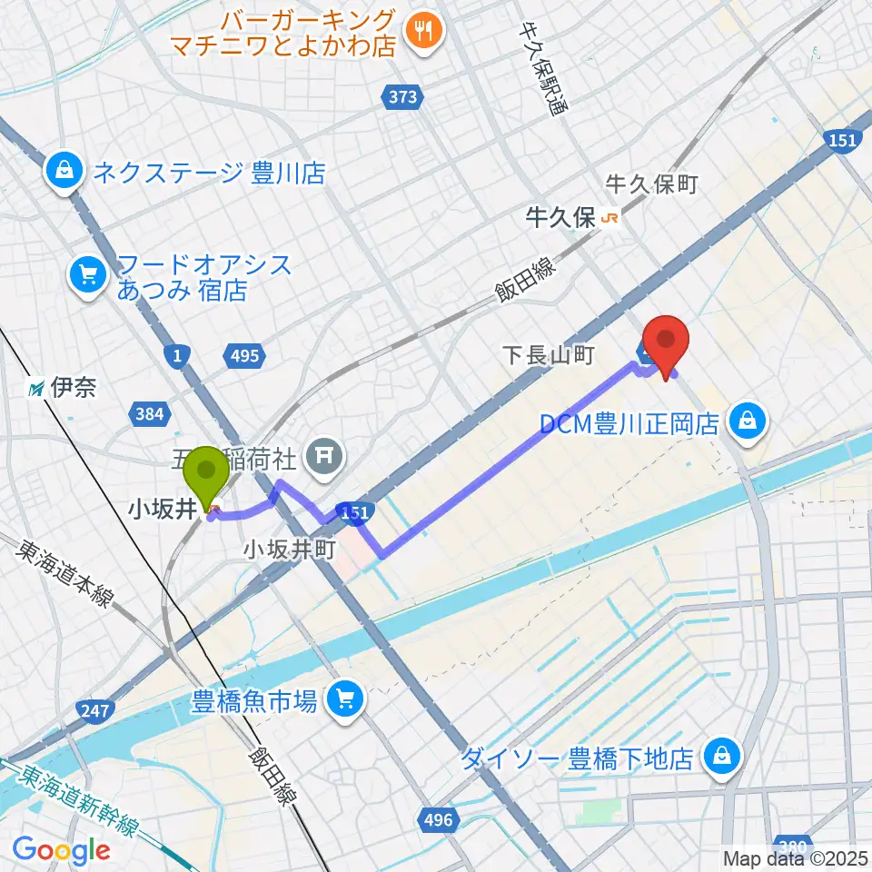 小坂井駅からシネマワールド豊川へのルートマップ地図