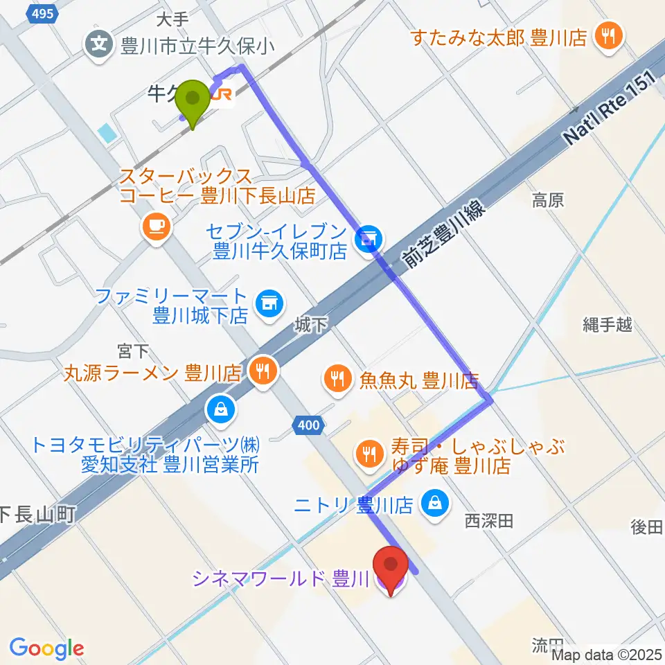 シネマワールド豊川の最寄駅牛久保駅からの徒歩ルート（約12分）地図