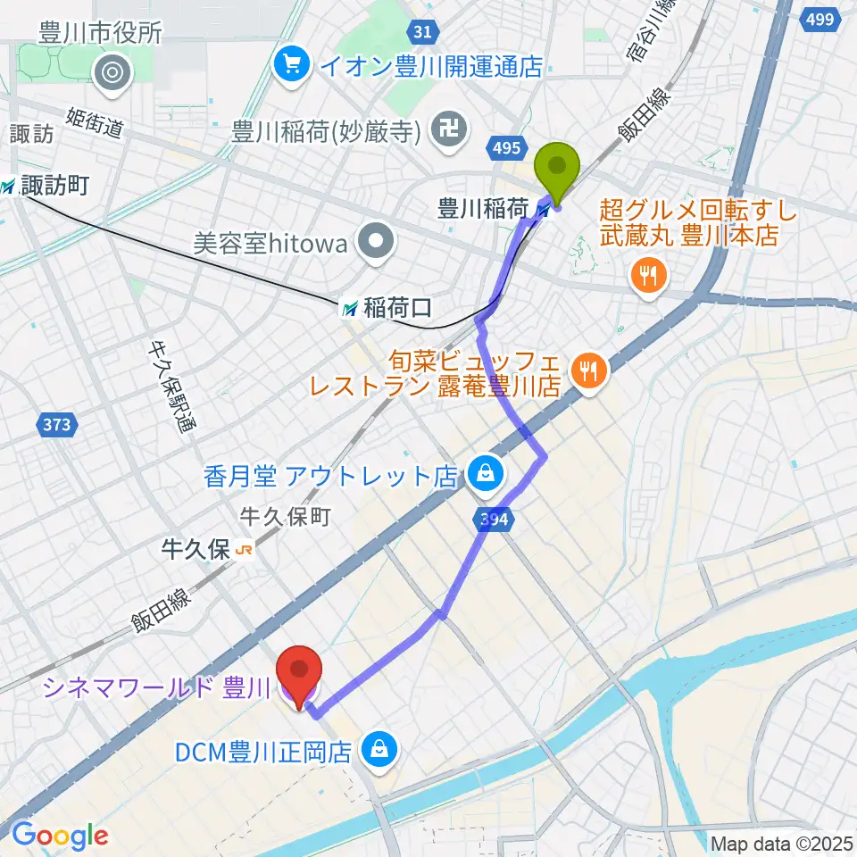 豊川駅からシネマワールド豊川へのルートマップ地図