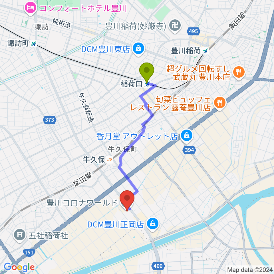 稲荷口駅からシネマワールド豊川へのルートマップ地図