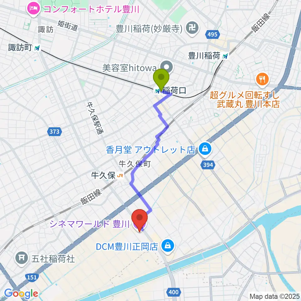 稲荷口駅からシネマワールド豊川へのルートマップ地図