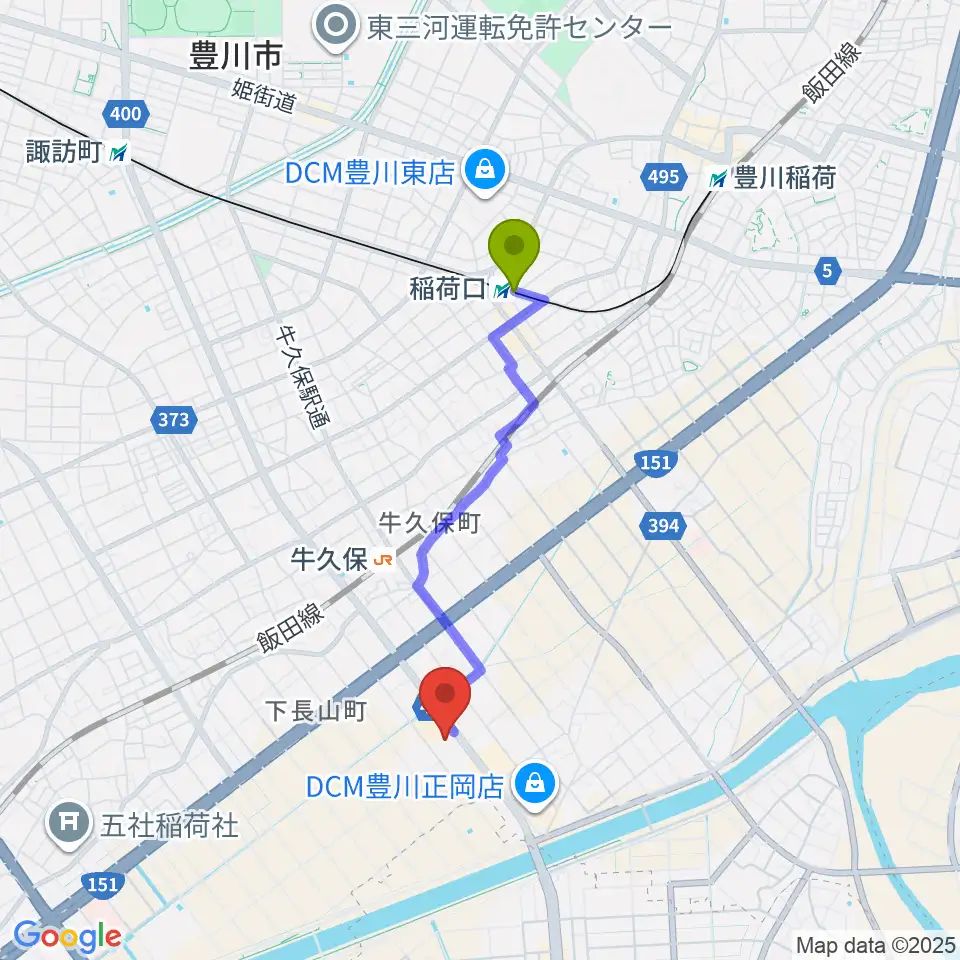 稲荷口駅からシネマワールド豊川へのルートマップ地図