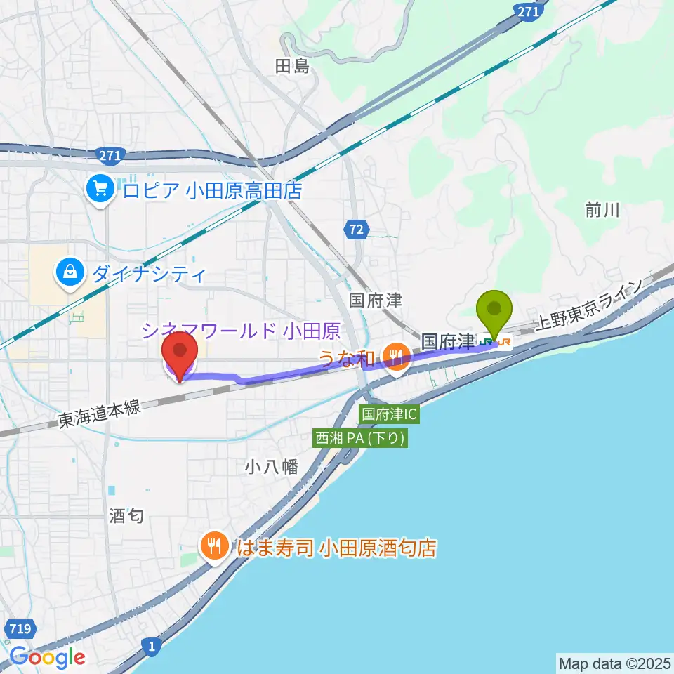 国府津駅からシネマワールド小田原へのルートマップ地図