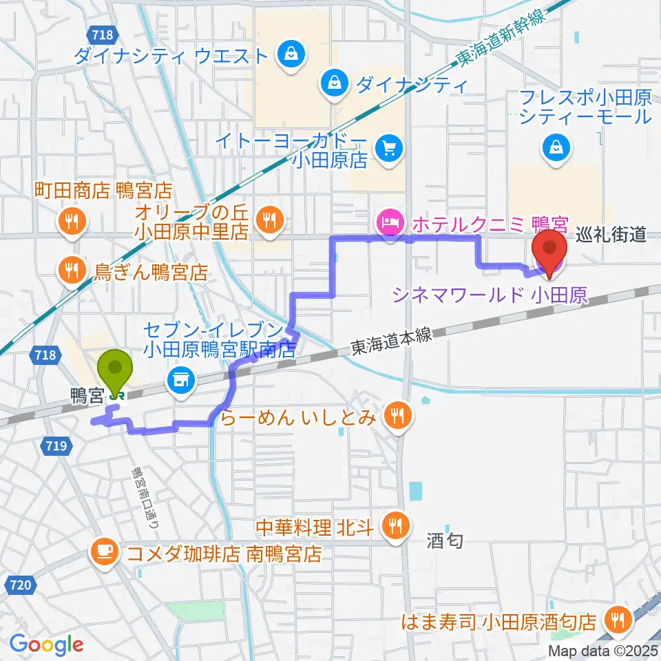 シネマワールド小田原の最寄駅鴨宮駅からの徒歩ルート（約21分）地図