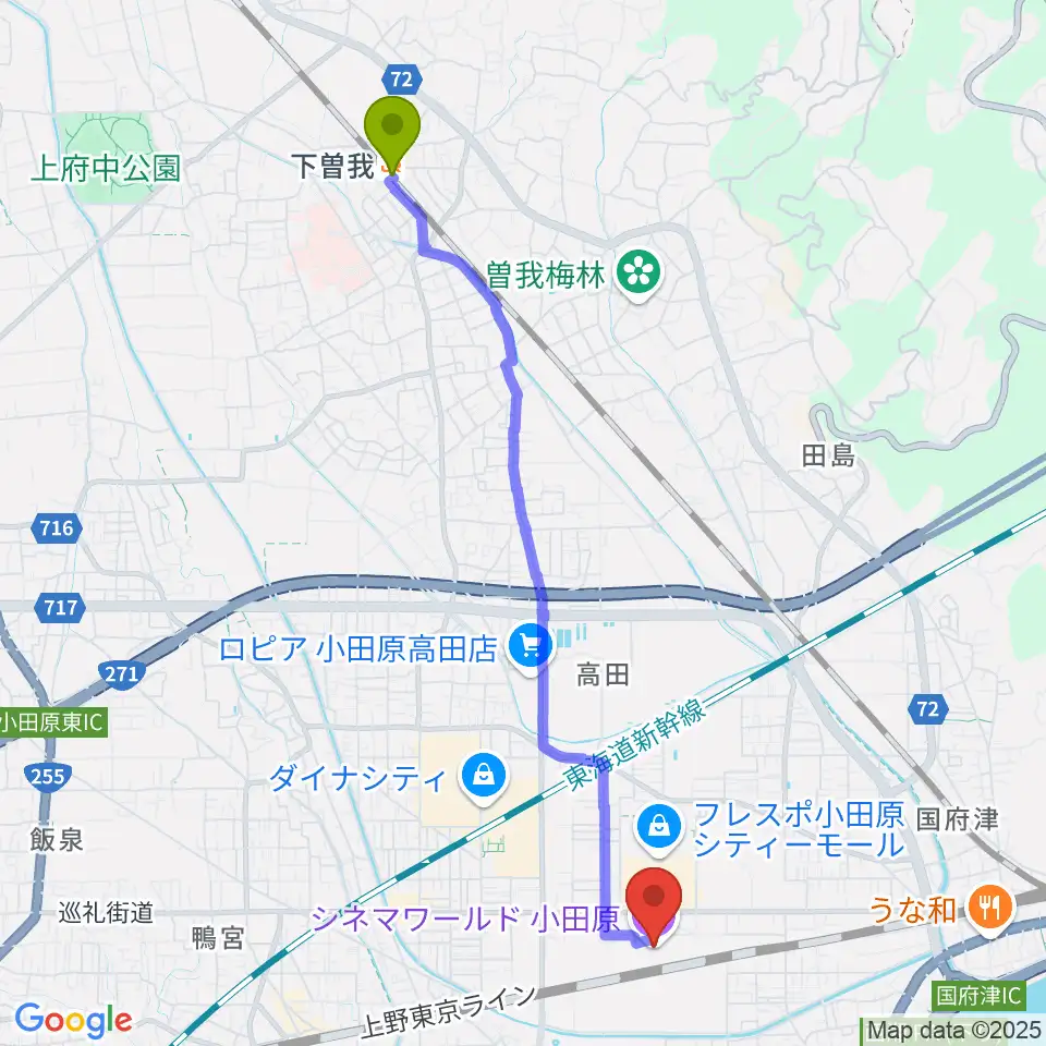 下曽我駅からシネマワールド小田原へのルートマップ地図