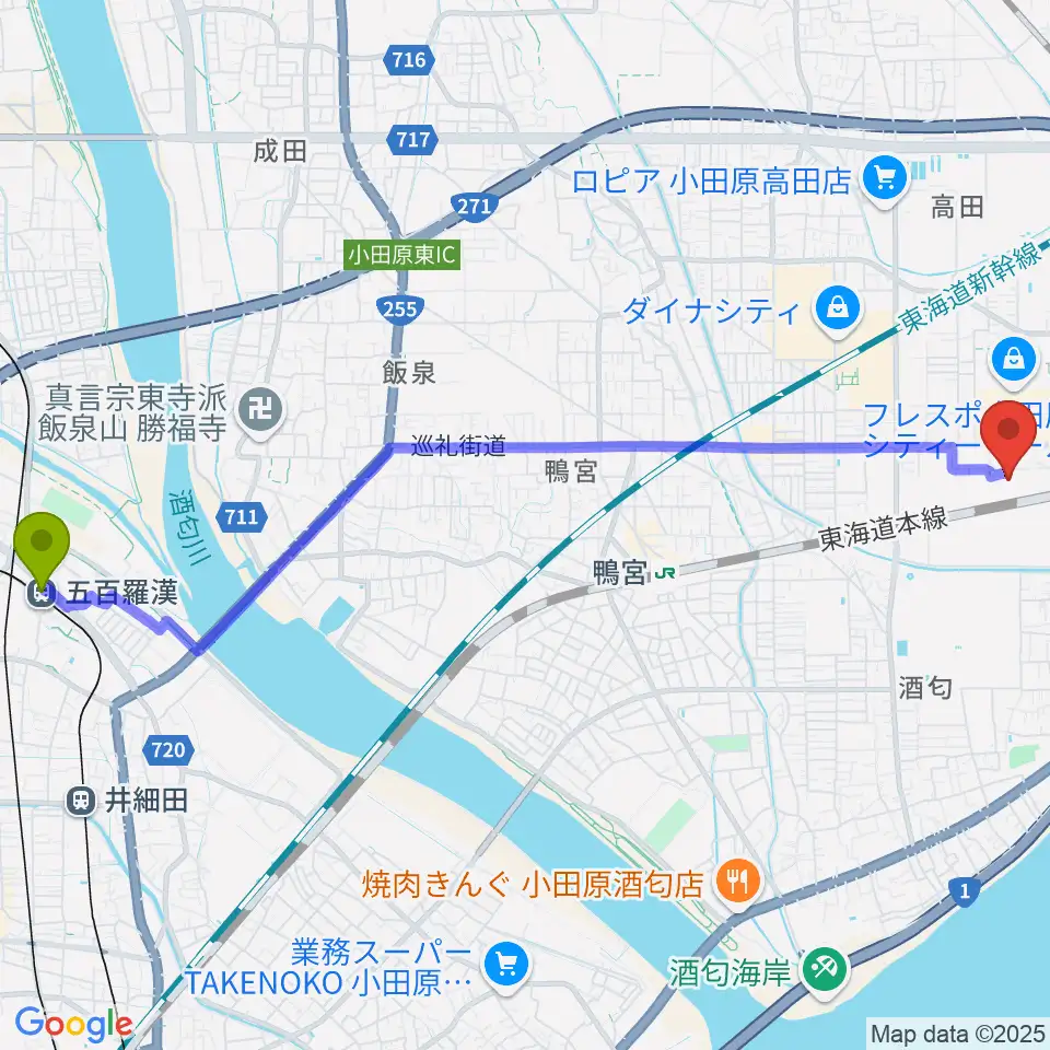 五百羅漢駅から小田原コロナシネマワールドへのルートマップ Mdata