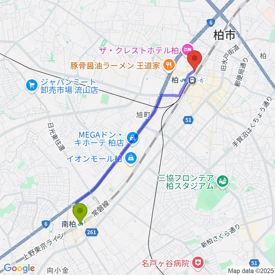 南柏駅からキネマ旬報シアターへのルートマップ地図