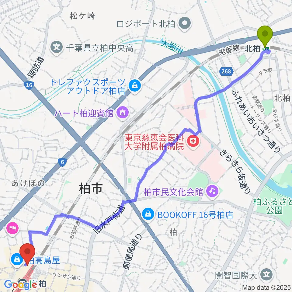 北柏駅からキネマ旬報シアターへのルートマップ地図