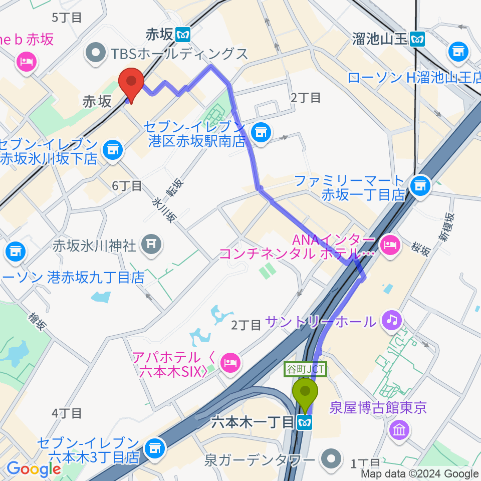 六本木一丁目駅から赤坂Keiへのルートマップ地図