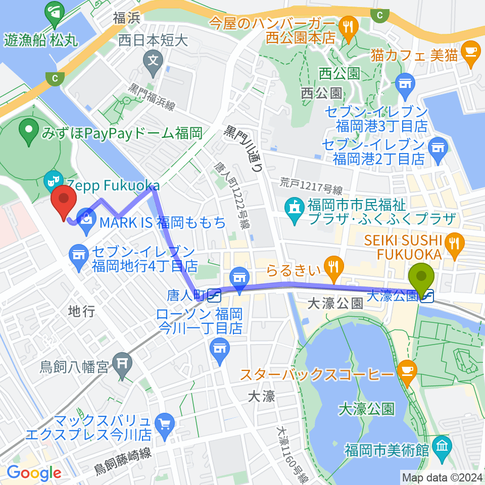 大濠公園駅からユナイテッド・シネマ福岡ももちへのルートマップ地図
