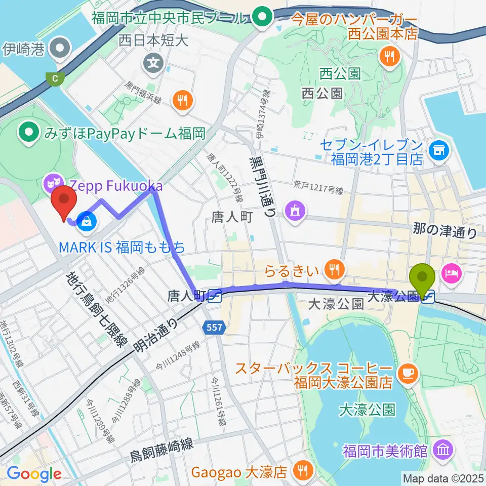 大濠公園駅からユナイテッド・シネマ福岡ももちへのルートマップ地図