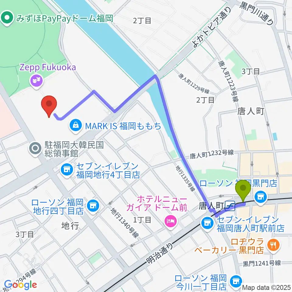 ユナイテッド・シネマ福岡ももちの最寄駅唐人町駅からの徒歩ルート（約12分）地図