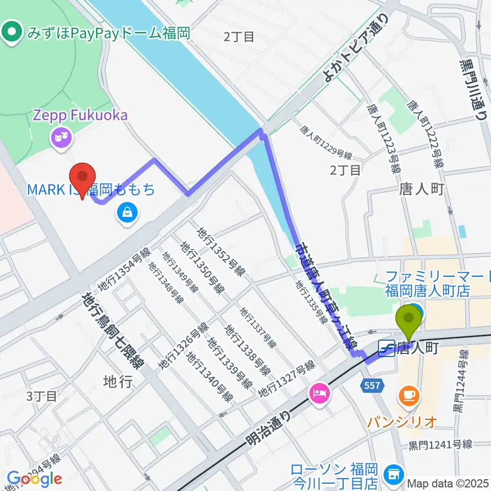 ユナイテッド・シネマ福岡ももちの最寄駅唐人町駅からの徒歩ルート（約12分）地図