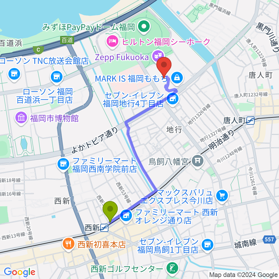 西新駅からユナイテッド シネマ福岡ももちへのルートマップ Mdata