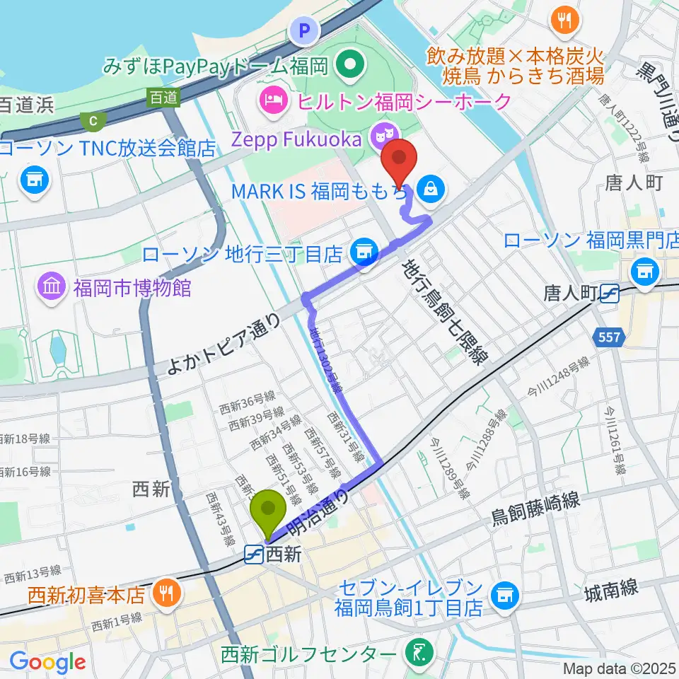 西新駅からユナイテッド・シネマ福岡ももちへのルートマップ地図