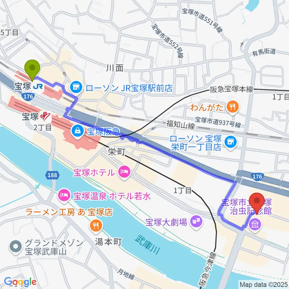 宝塚駅から宝塚市立文化芸術センターへのルートマップ地図