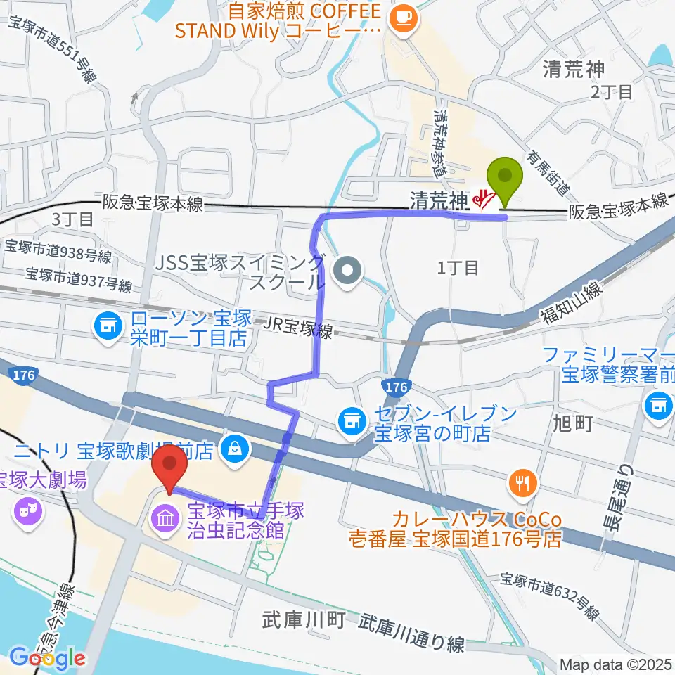 清荒神駅から宝塚市立文化芸術センターへのルートマップ地図