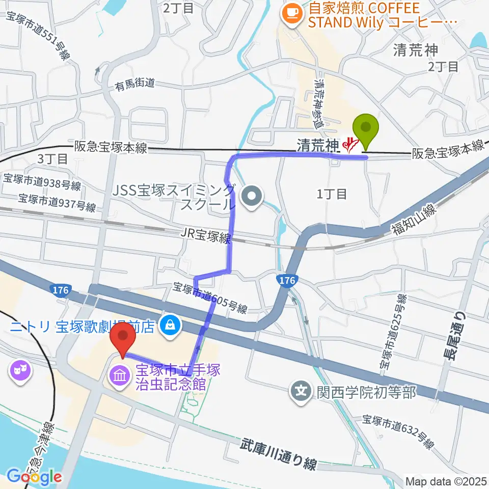 清荒神駅から宝塚市立文化芸術センターへのルートマップ地図