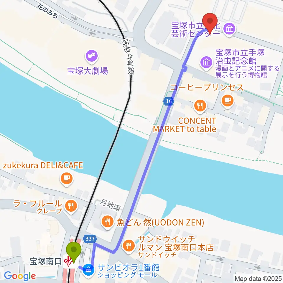 宝塚市立文化芸術センターの最寄駅宝塚南口駅からの徒歩ルート（約7分）地図