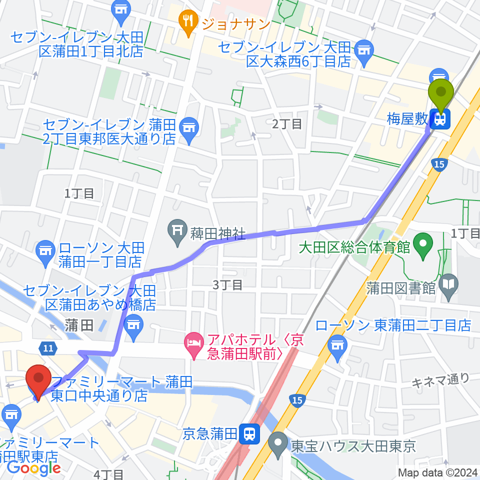 梅屋敷駅から蒲田CATFISH TOKYOへのルートマップ地図